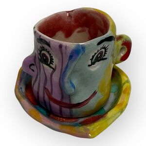 Miniature Laurel Izard Pottery Face Espresso Cup & Saucer 1991 Edwin Shelton Art